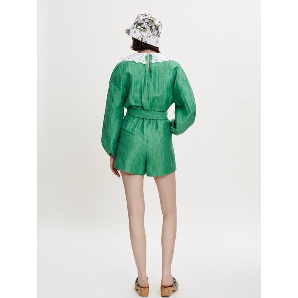 NWT MAJE Women’s‎ Size 40 US 8 LINEN Blend Short Jumpsuit Romper Green Lace - Picture 5 of 16